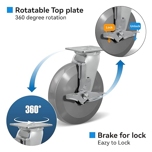 Solid Cast Polyurethane Elastomer Heavy Duty Caster, Glass Filled Nylon Core, Precision Bearings, Ideal for Industrial Equipment and Large Platform Trucks