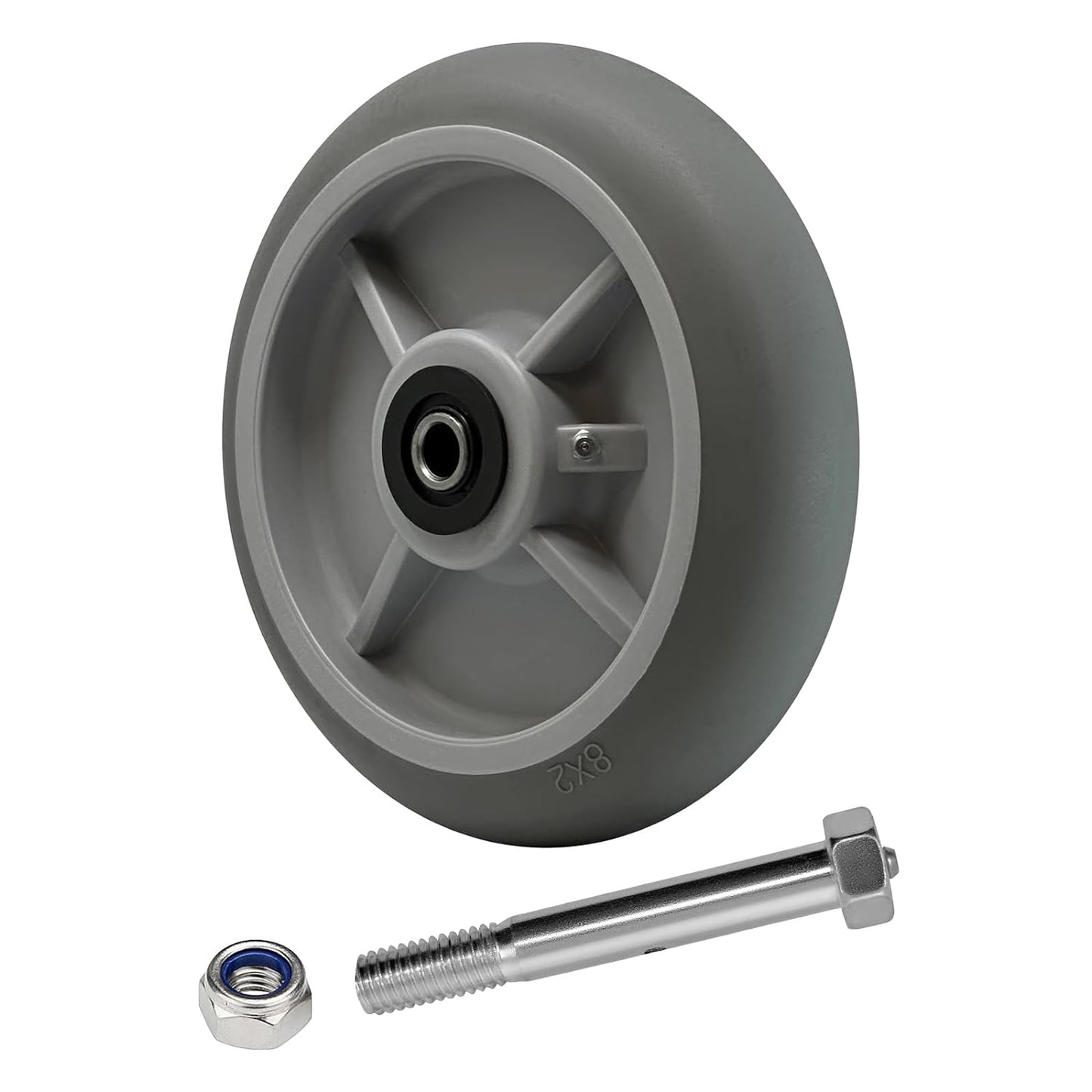 Thermoplastic Rubber Wheel (Crowned Tread), Roller Bearing-1/2" Bore, 8"x 2" Industrial Wheel 700 lbs Capacity Per Wheel