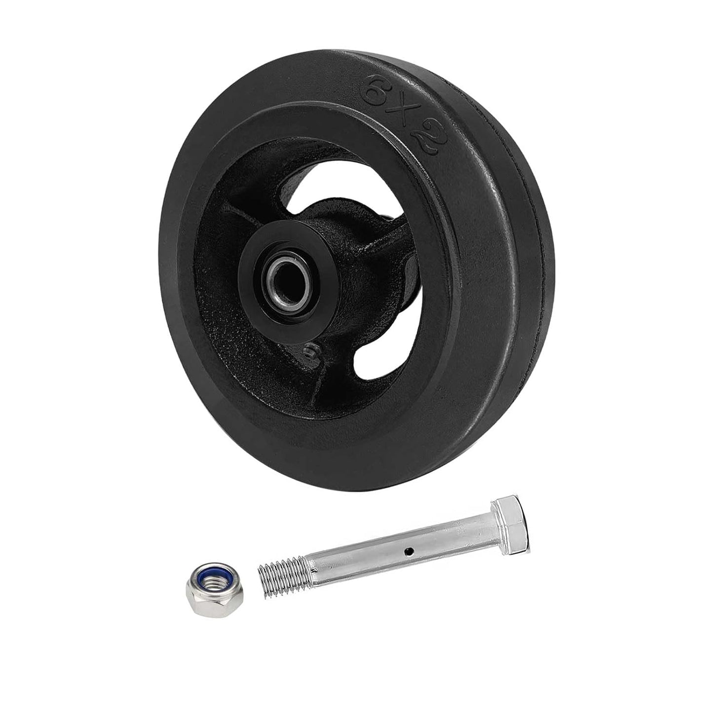 2" Width Black Rubber Tread on Cast Iron Wheel, Roller Bearing-1/2" Bore