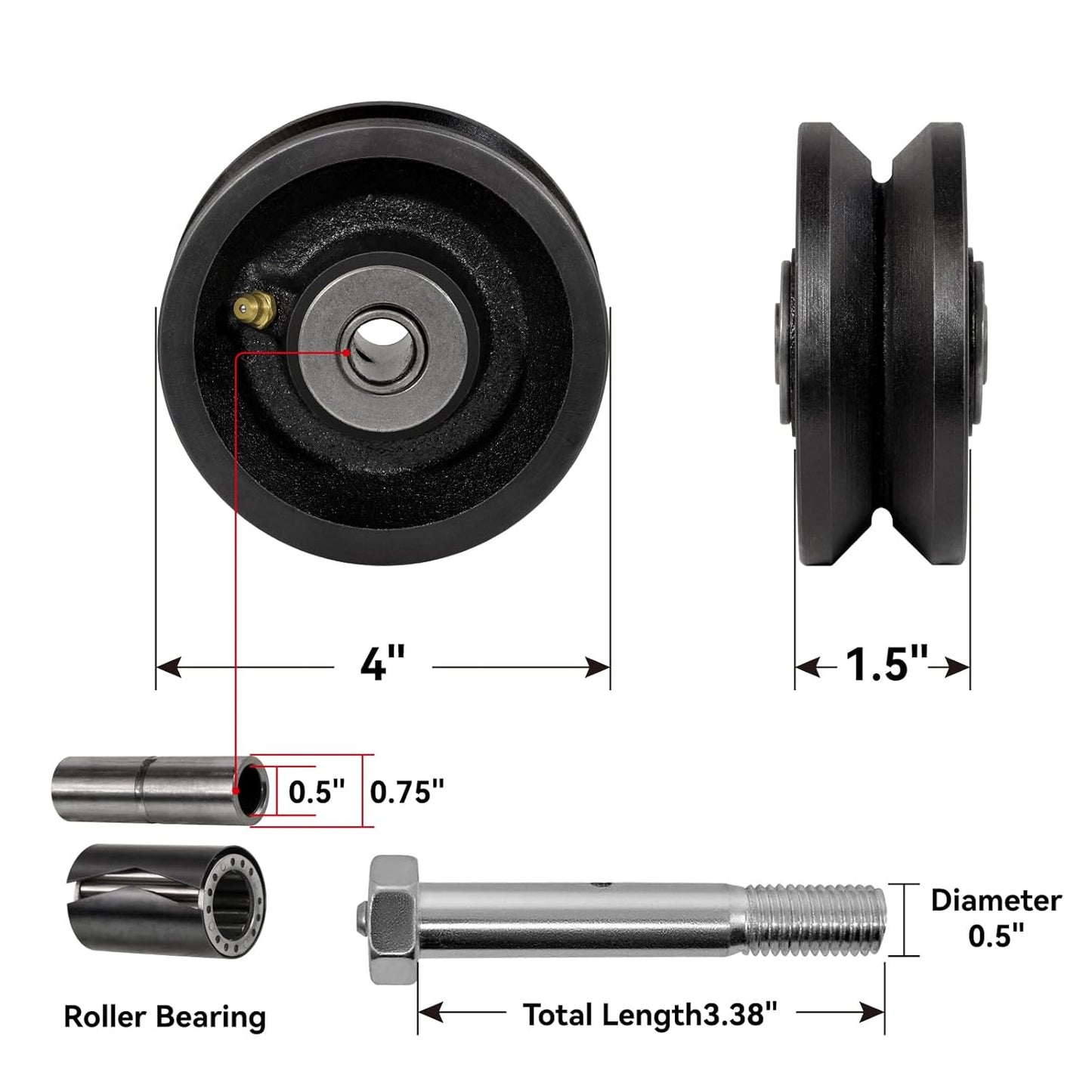 4"x1.5" Cast Iron V-Groove Wheel Capacity up to 600 Lb. Use for Slide Gate,Rolling Door with V-Track (Black)